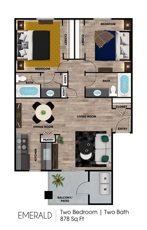 Floor plan for 2 beds, 2 baths, 878 sqft